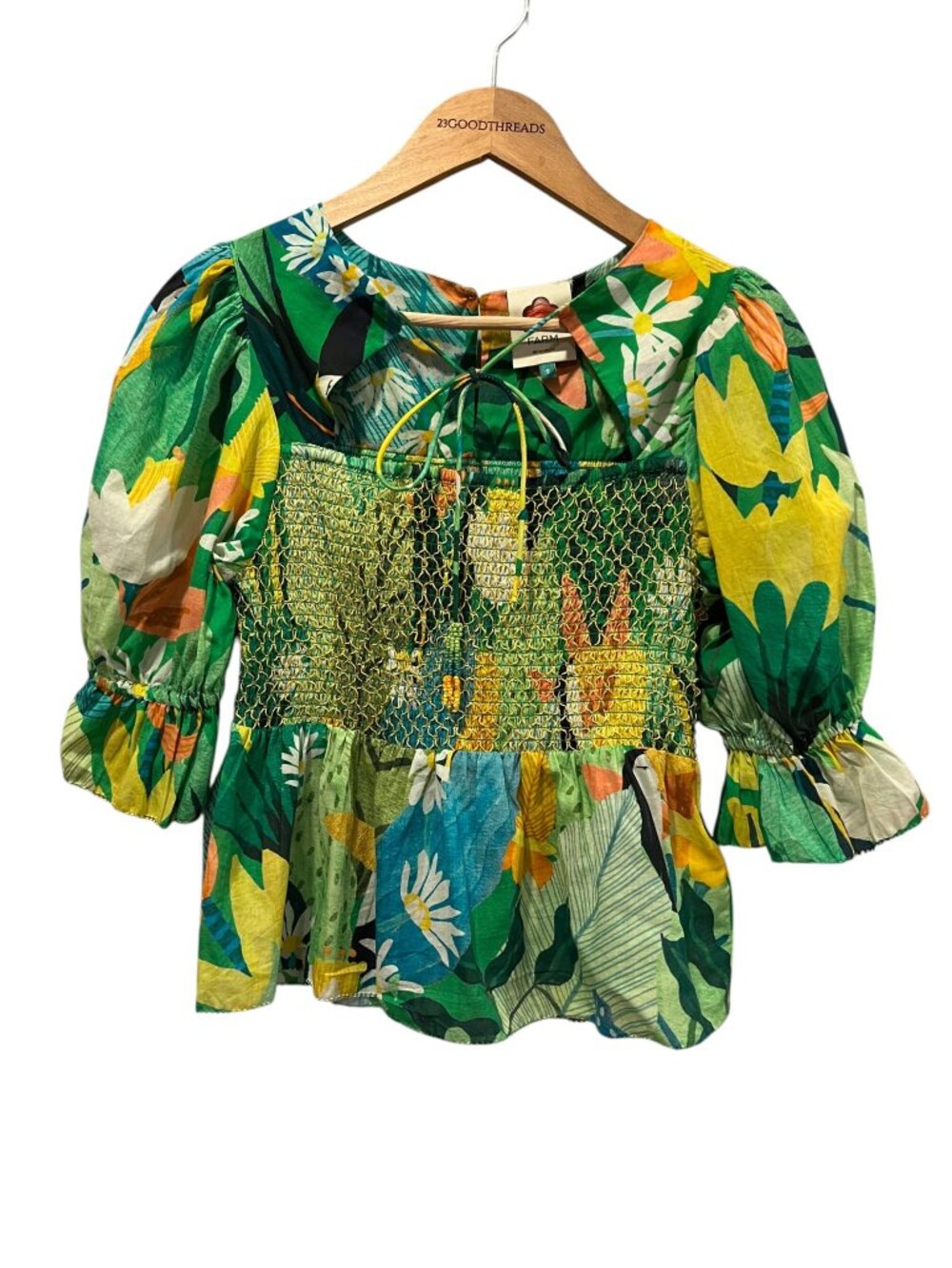FARM Rio Vintage Toucans Smocked Peplum Top, Green, S